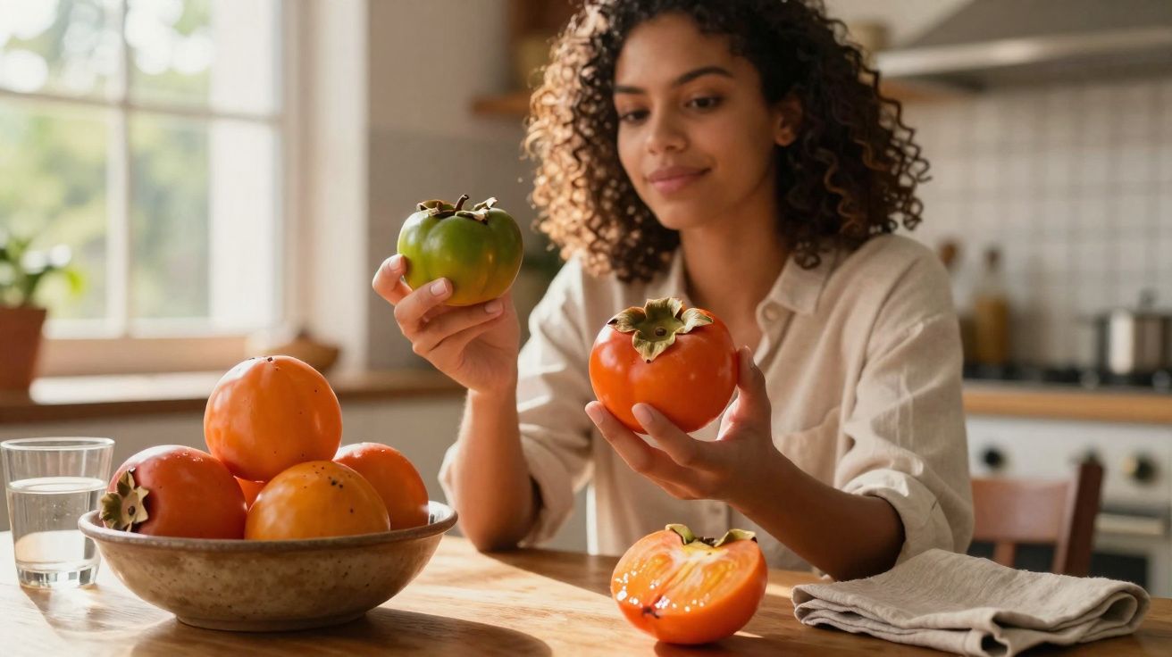 Mulher observa caquis verde e maduro sentada à mesa de madeira com tigela cheia de caquis na cozinha.