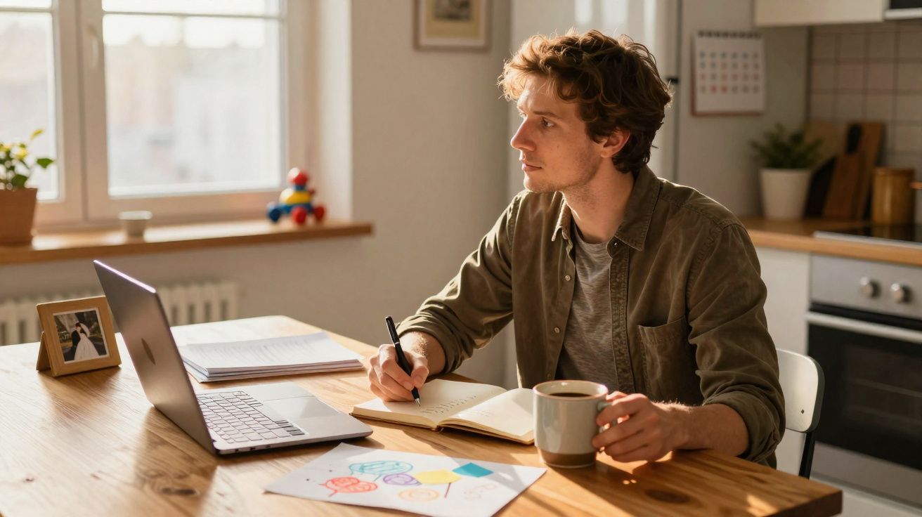 Homem jovem sentado à mesa em cozinha, escrevendo em caderno com laptop aberto e segurando caneca.