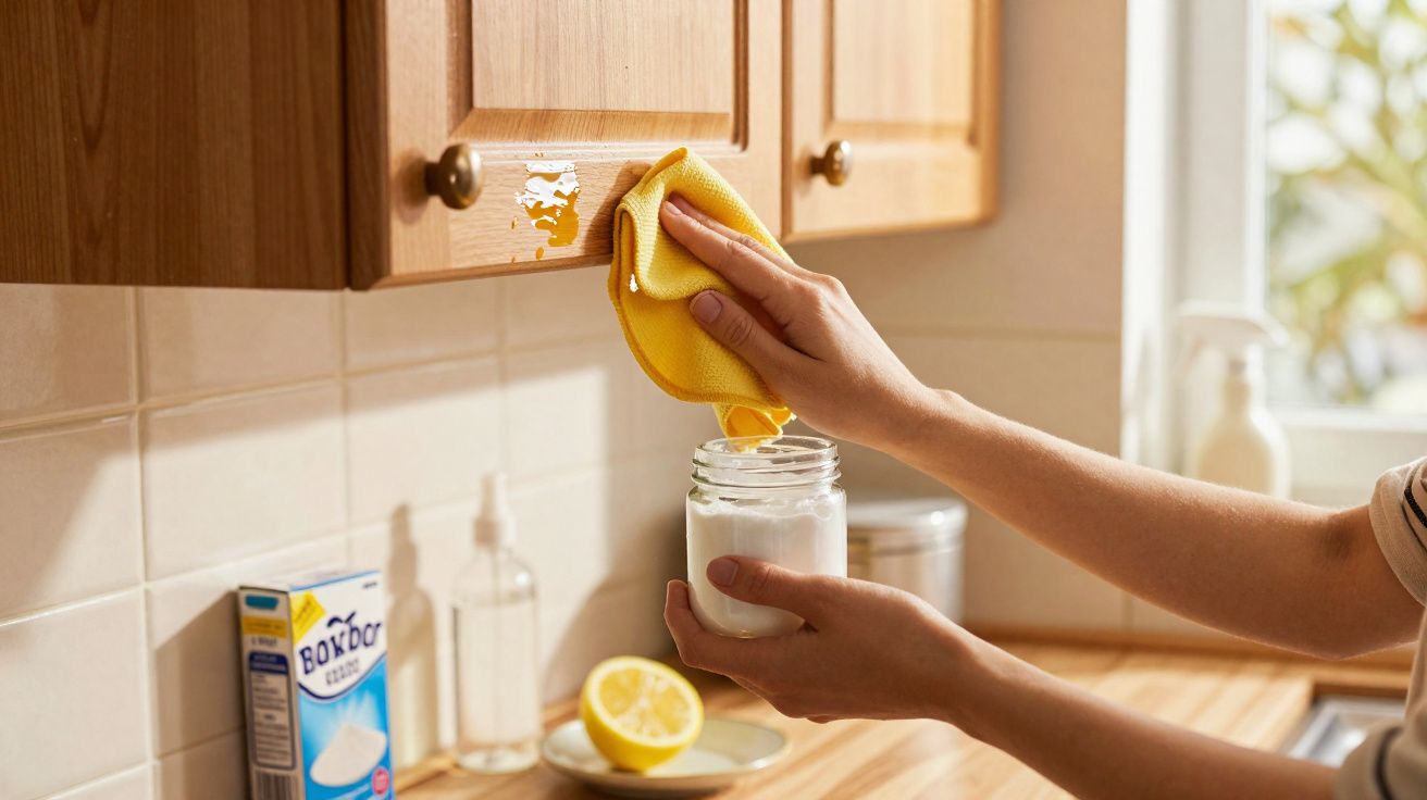 Pessoa limpando mancha em armário de madeira na cozinha com pano amarelo e recipiente branco.