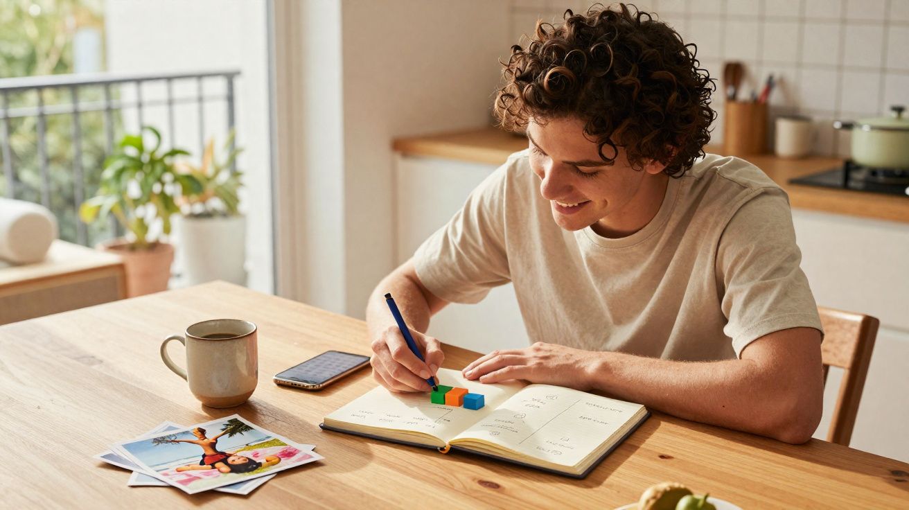 Jovem sorridente escrevendo em caderno na mesa com celular, caneca, fotos e blocos coloridos ao lado.