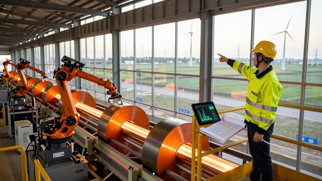 Homem com capacete e colete aponta para turbinas eólicas, ao lado de robôs industriais em fábrica moderna.