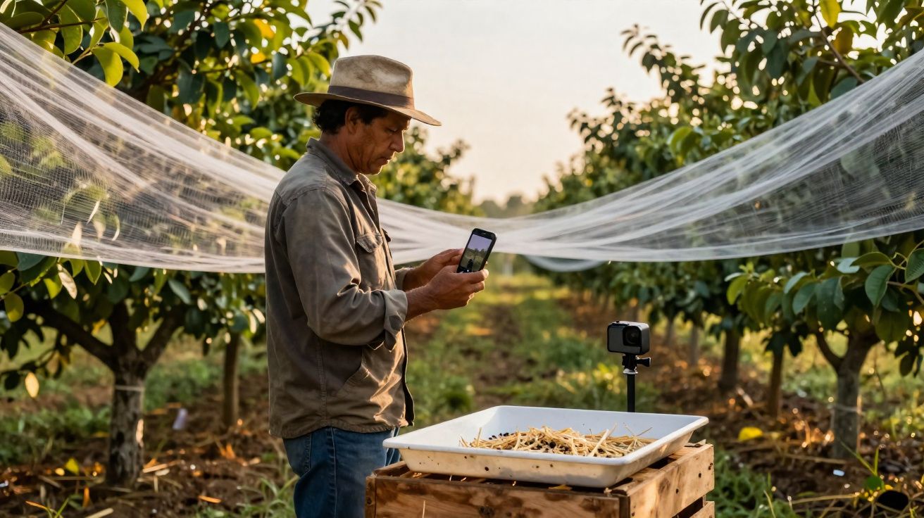 Homem em plantação usando celular para monitorar cultura com câmera em tripé e bandeja de amostras.
