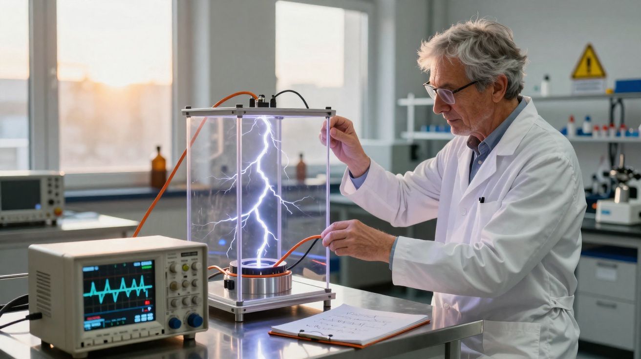 Cientista idosos em laboratório observando descarga elétrica em equipamento experimental moderno.
