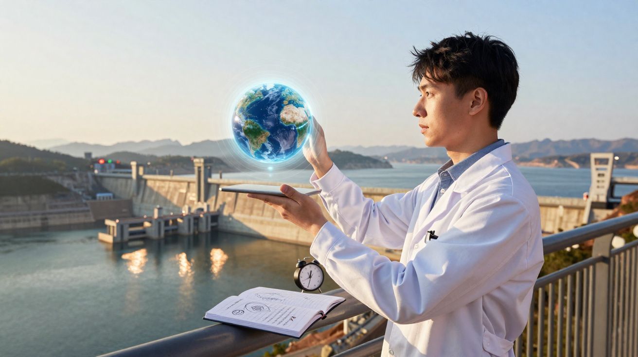 Homem com jaleco branco segura tablet com planeta Terra holográfico à frente, perto de uma barragem.