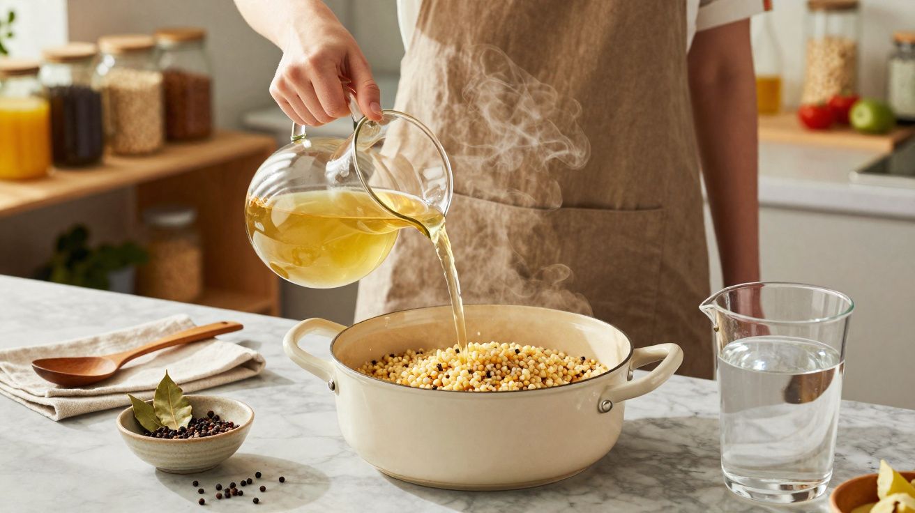 Pessoa despejando caldo quente em panela com grãos na cozinha clara e organizada.