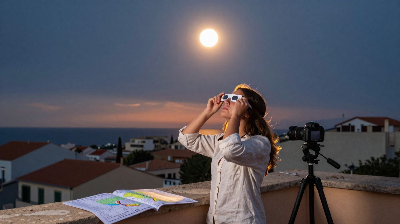 Mulher observa eclipse com óculos especiais em terraço ao entardecer com câmera e mapa sobre parede.