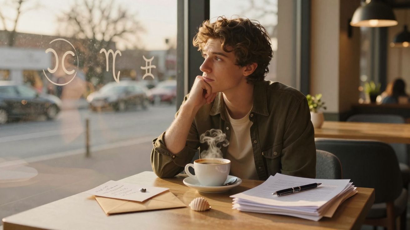 Jovem pensativo sentado em cafeteria com xícara de café quente, papéis e caneta sobre a mesa.