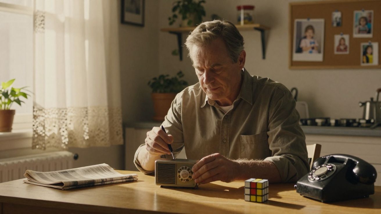 Homem idoso consertando rádio antigo em mesa com telefone, cubo mágico e jornal em cozinha iluminada.