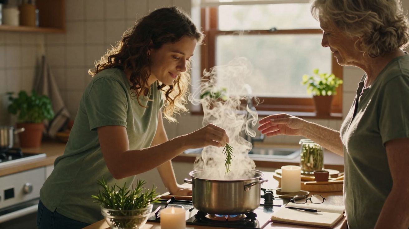 Jovem e idosa cozinham juntas, usando ervas frescas em panela com vapor na cozinha iluminada.