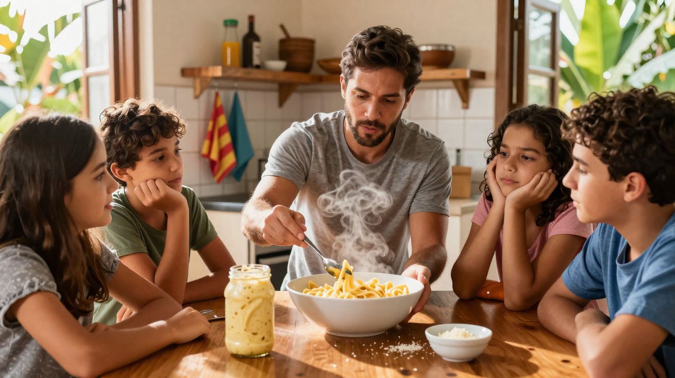 Homem servindo macarrão em tigela para quatro crianças sentadas à mesa na cozinha iluminada.