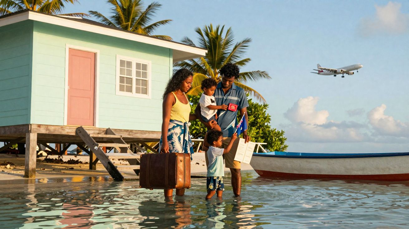 Família com duas crianças na água, perto de casa elevada e barco, com avião ao fundo no céu ensolarado.
