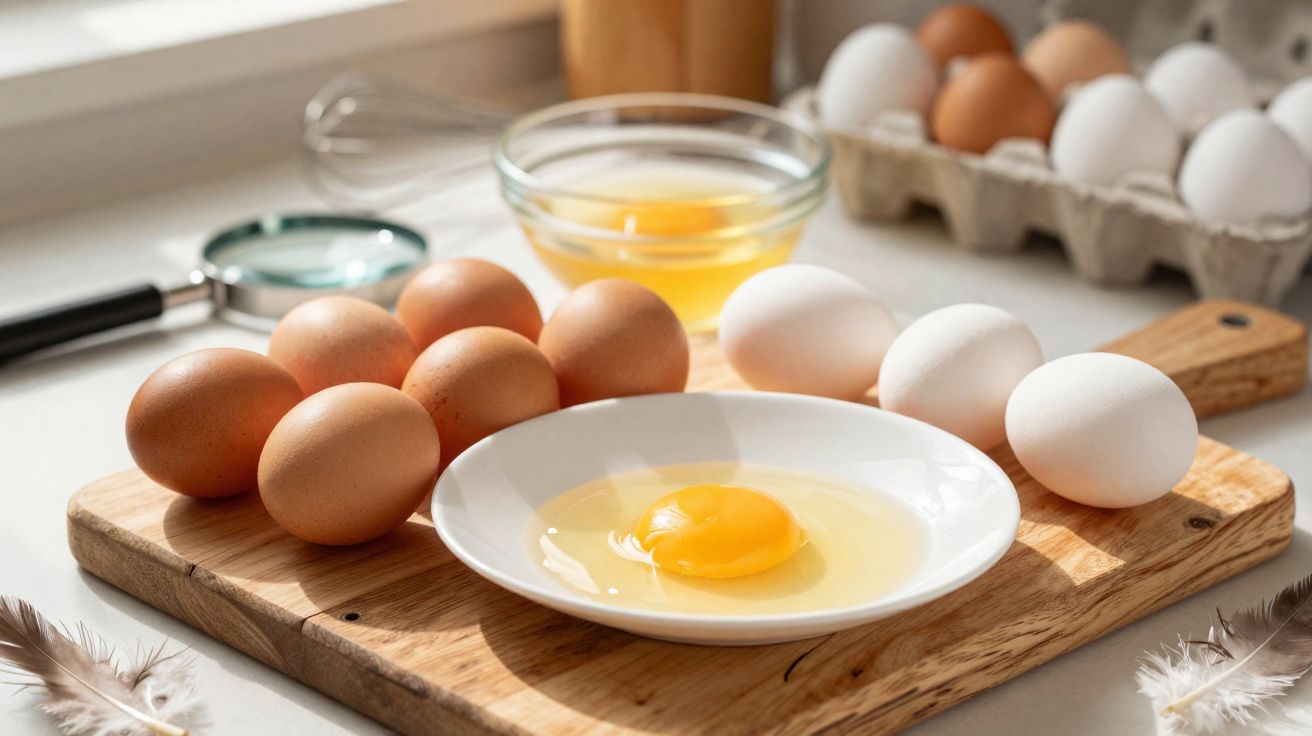 Ovos marrons e brancos sobre tábua de madeira, com ovo quebrado em prato branco e tigela de vidro ao fundo.