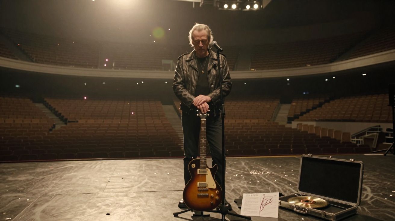 Homem de jaqueta de couro em palco vazio com guitarra e disco de ouro ao lado em maleta aberta.