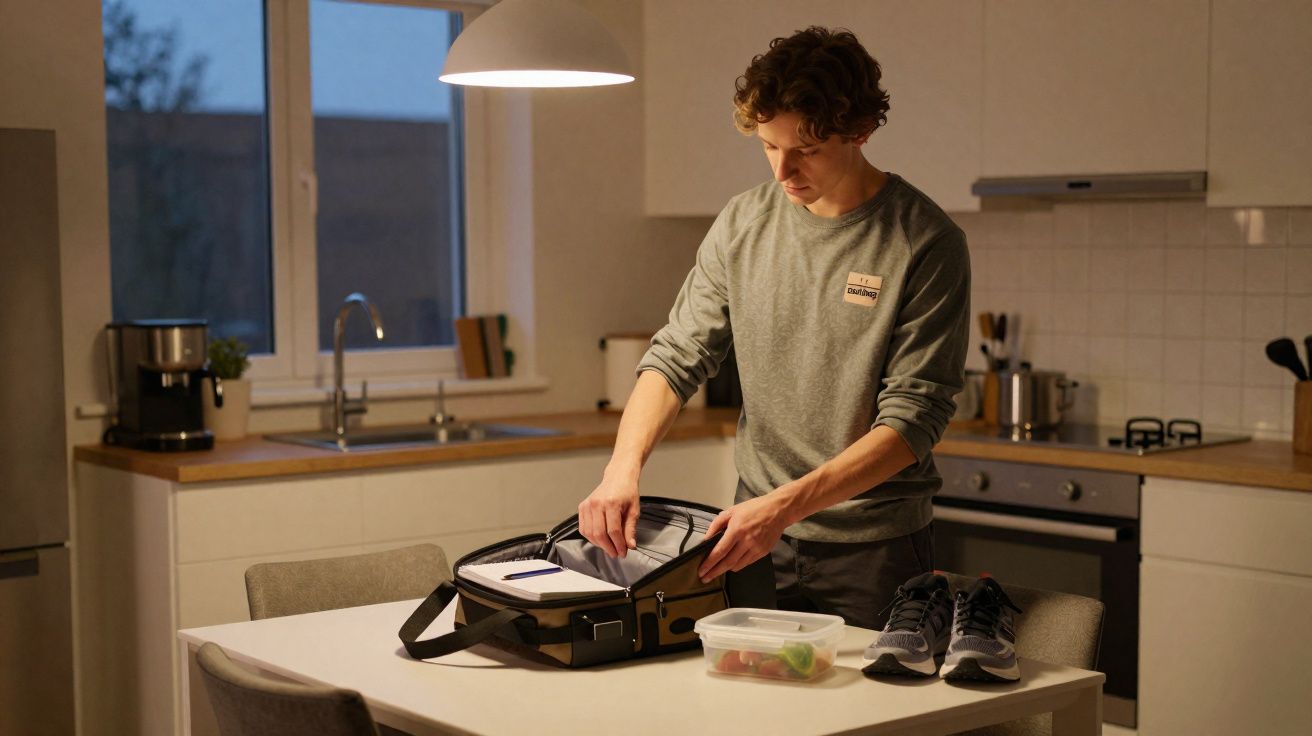 Homem arrumando mala em cozinha com tênis e marmita sobre a mesa ao entardecer.