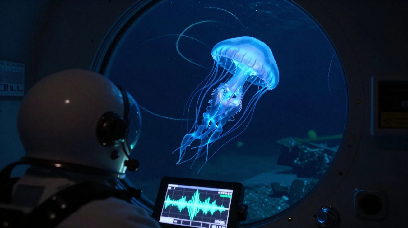 Astronauta observa água-viva bioluminescente através de janela redonda em ambiente subaquático escuro.