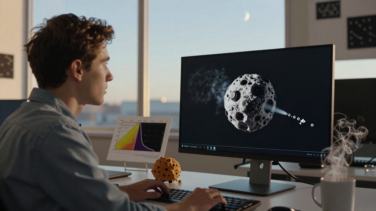 Jovem observa modelo 3D de asteroide na tela do computador em ambiente de escritório moderno.