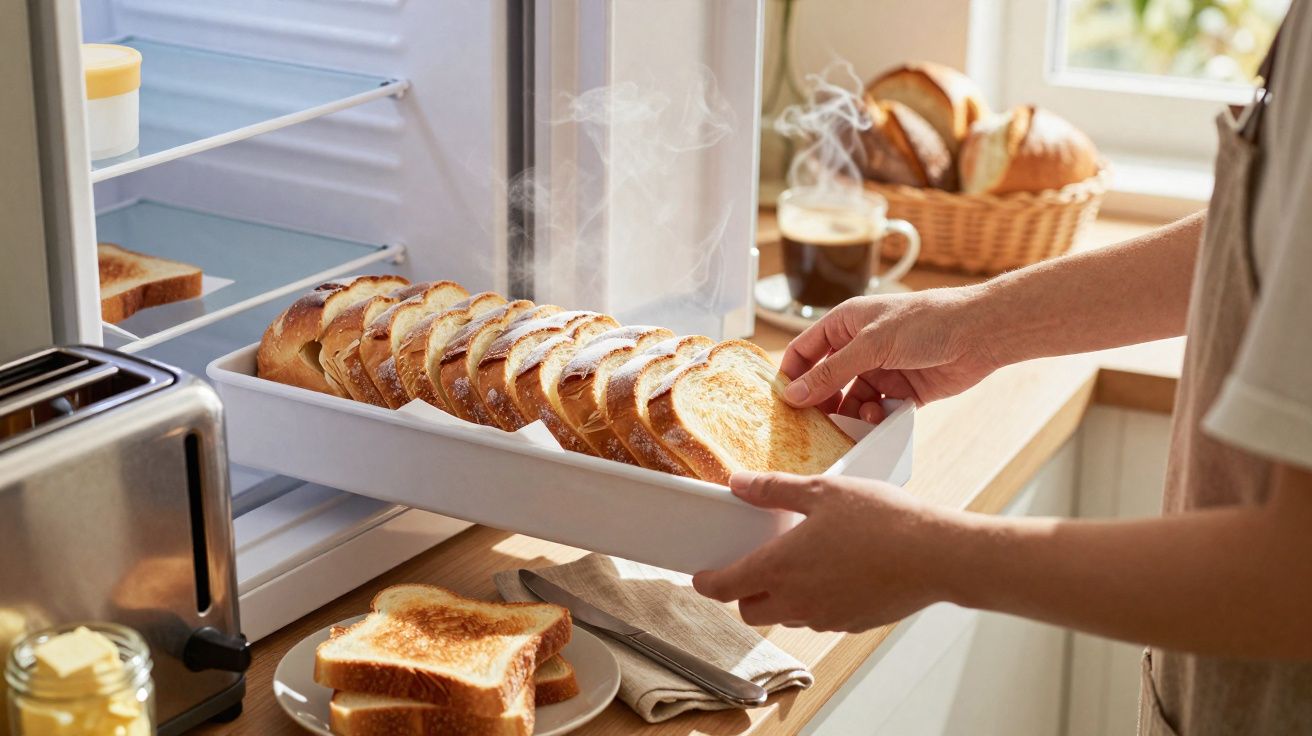 Pessoa tirando fatias de pão torrado e quente de uma bandeja em geladeira aberta na cozinha.