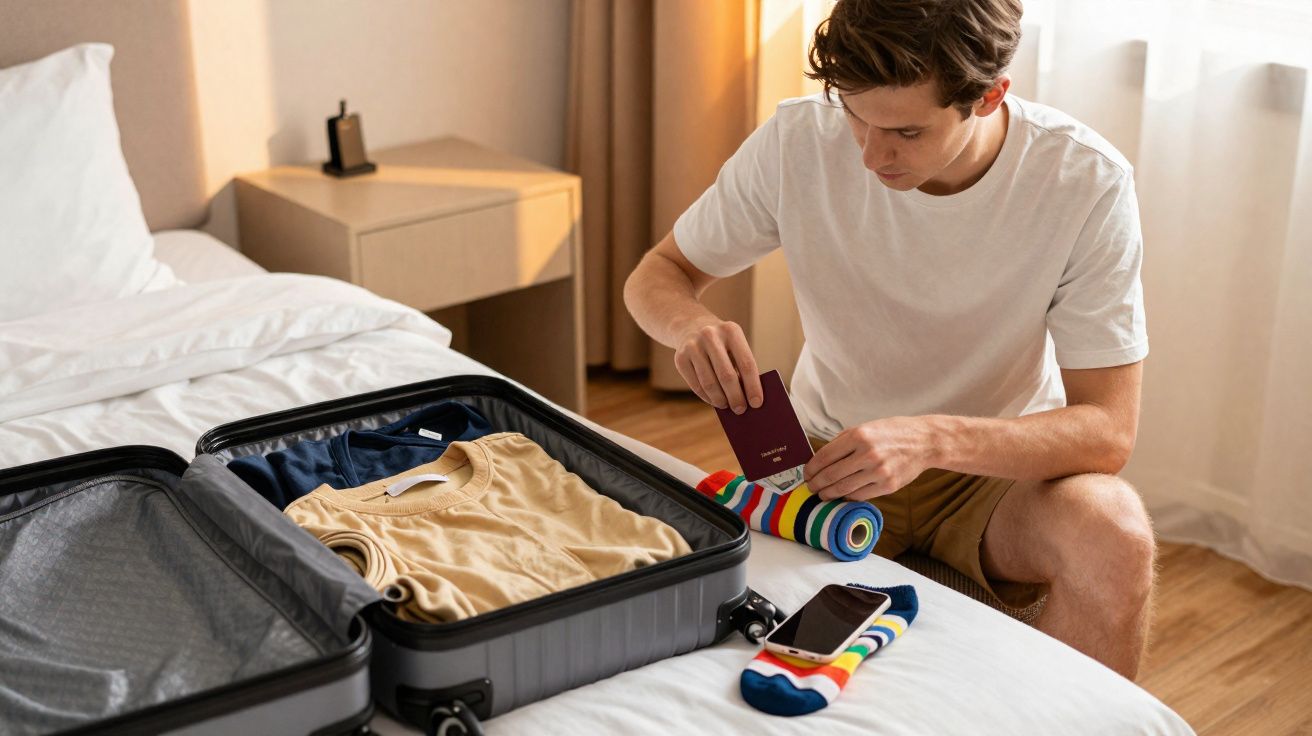 Homem arrumando mala no quarto, segurando passaporte e enrolando meias coloridas na cama.