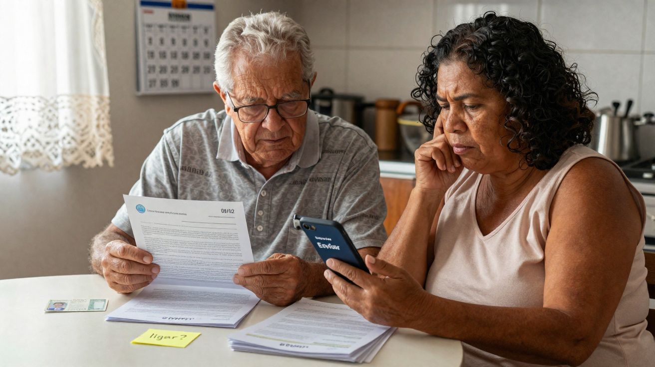 Casal idoso sentado à mesa analisando documentos com expressão preocupada, mulher usando celular.