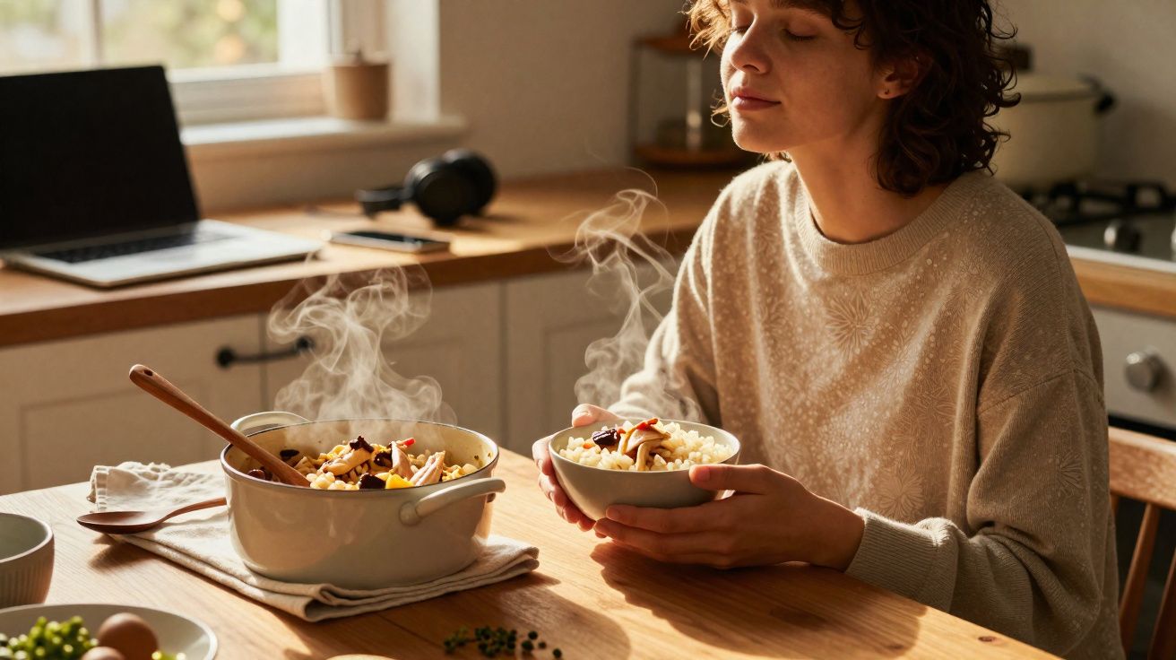 Pessoa segurando tigela com comida quente e cheirosa, sentada em mesa de madeira na cozinha.