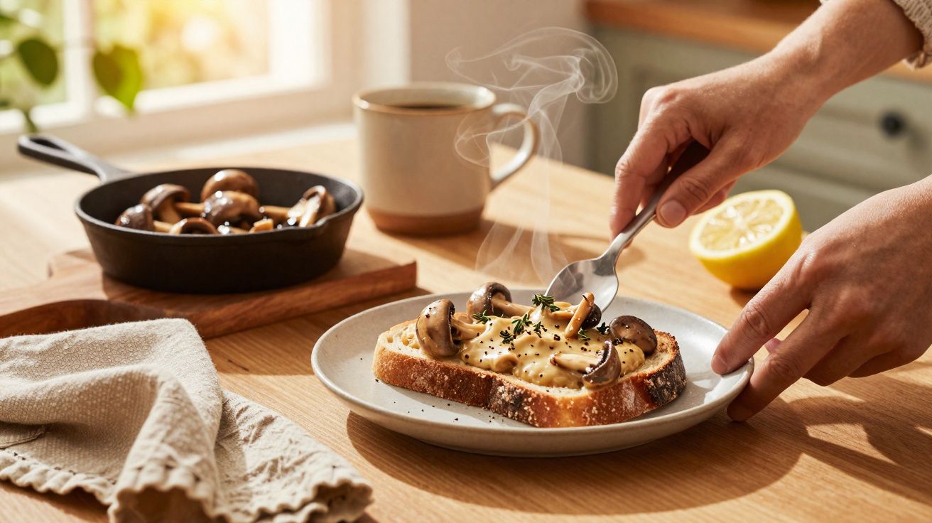 Pão com molho cremoso e cogumelos salteados, mãos ajustando o prato em mesa de madeira iluminada.
