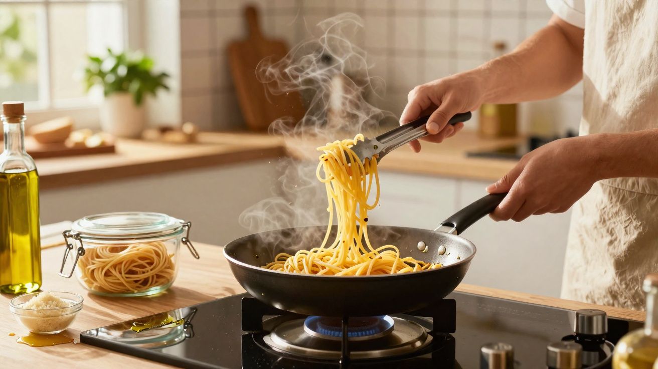 Mãos segurando pegador e frigideira com macarrão fumegante sendo cozido no fogão a gás na cozinha.