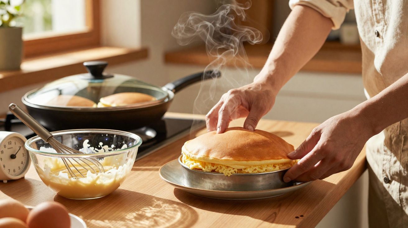 Pessoa segurando panqueca grande e quente recém-feita em prato na bancada de cozinha iluminada.