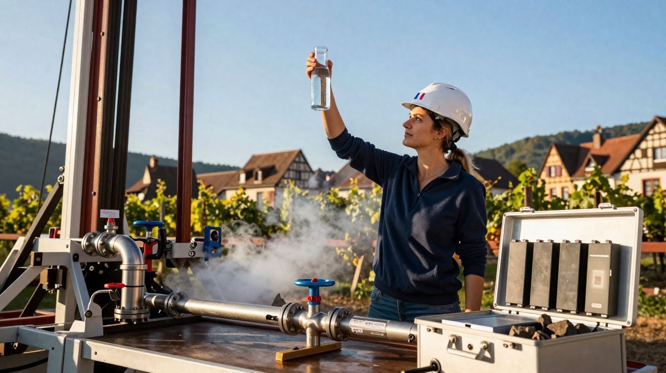 Mulher com capacete branco analisa amostra líquida em área com tubulações e casas ao fundo.