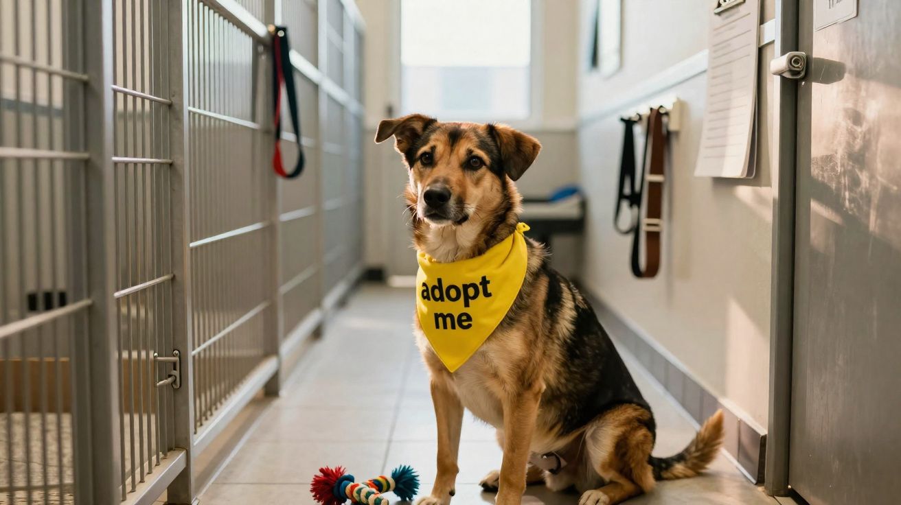 Cachorro com bandana amarela escrita "adopt me" sentado em corredor de abrigo com brinquedos.