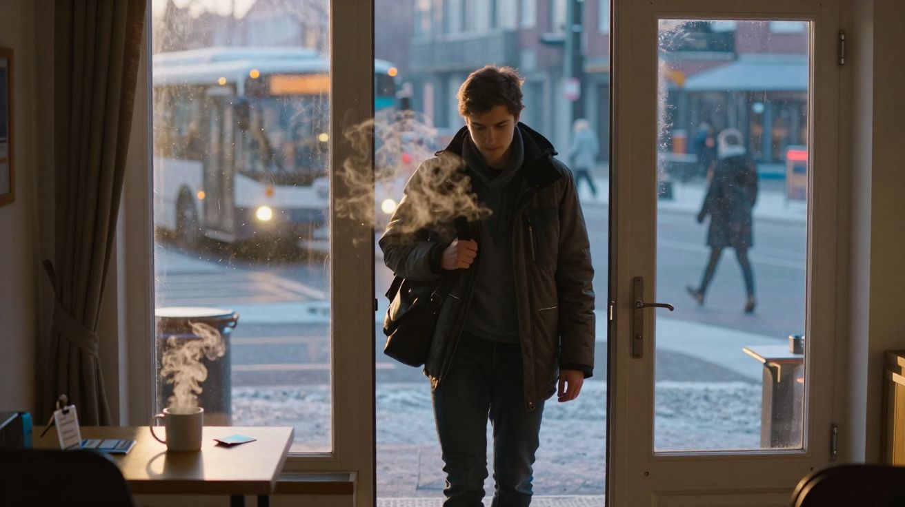 Jovem entra em café com mochila, fumaça de bebida quente e ônibus visíveis pela janela atrás dele.