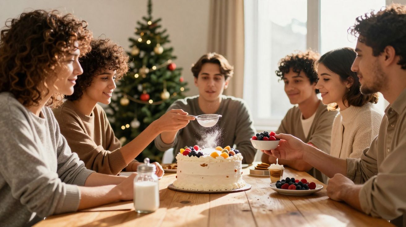 Grupo de jovens decorando bolo em mesa de madeira com árvore de Natal decorada ao fundo.