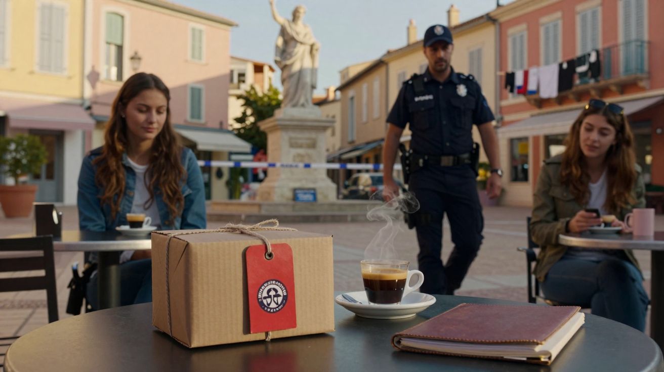 Caixa de presente, café e caderno em mesa de café ao ar livre com duas mulheres e policial ao fundo.