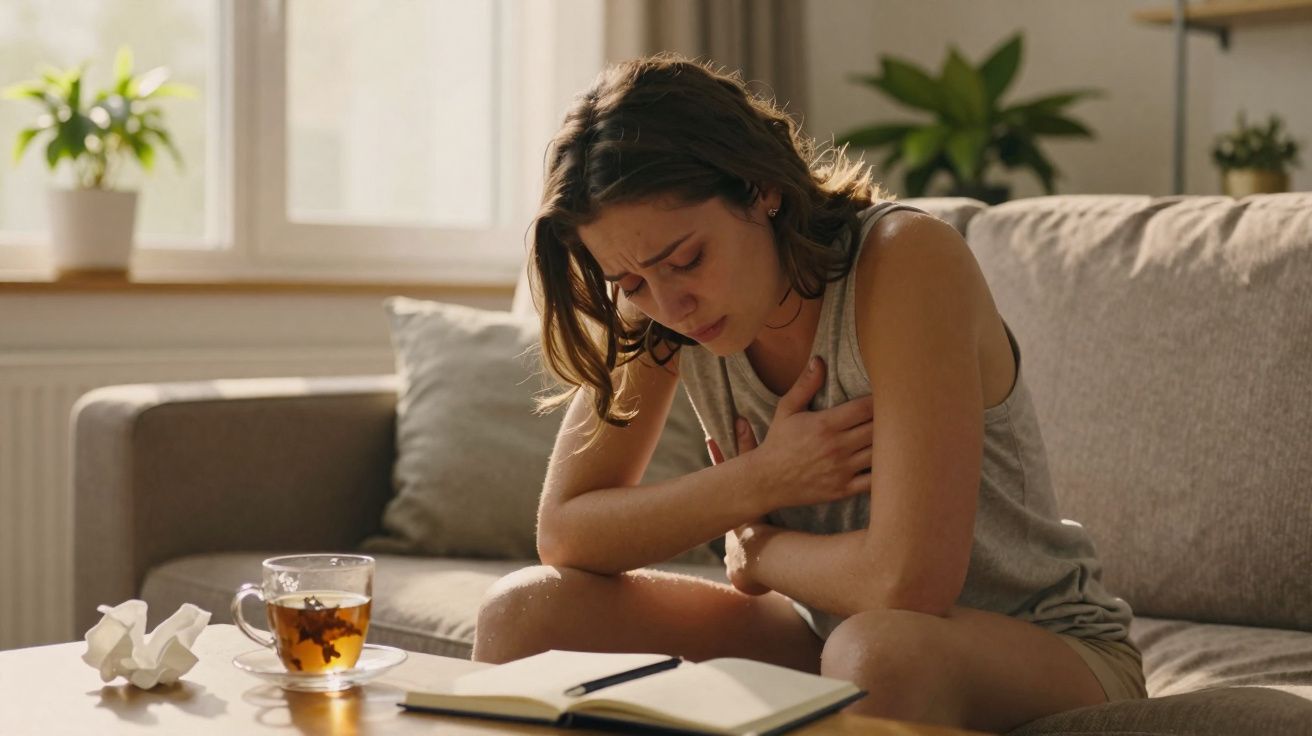 Mulher sentada no sofá com mão no peito, expressão de dor, ao lado de chá e caderno sobre a mesa.