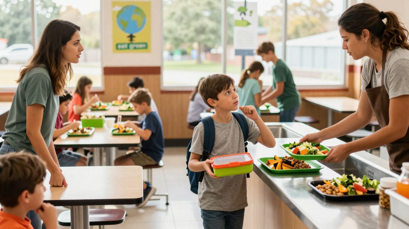 Criança pede comida na cantina escolar enquanto professora e outra mulher observam, em ambiente iluminado.