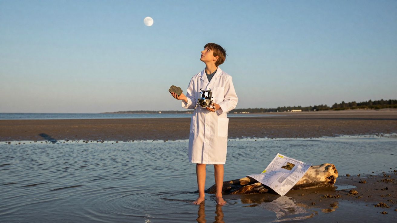 Criança de jaleco branco segurando câmera e pedra, olhando para a lua na praia ao entardecer.