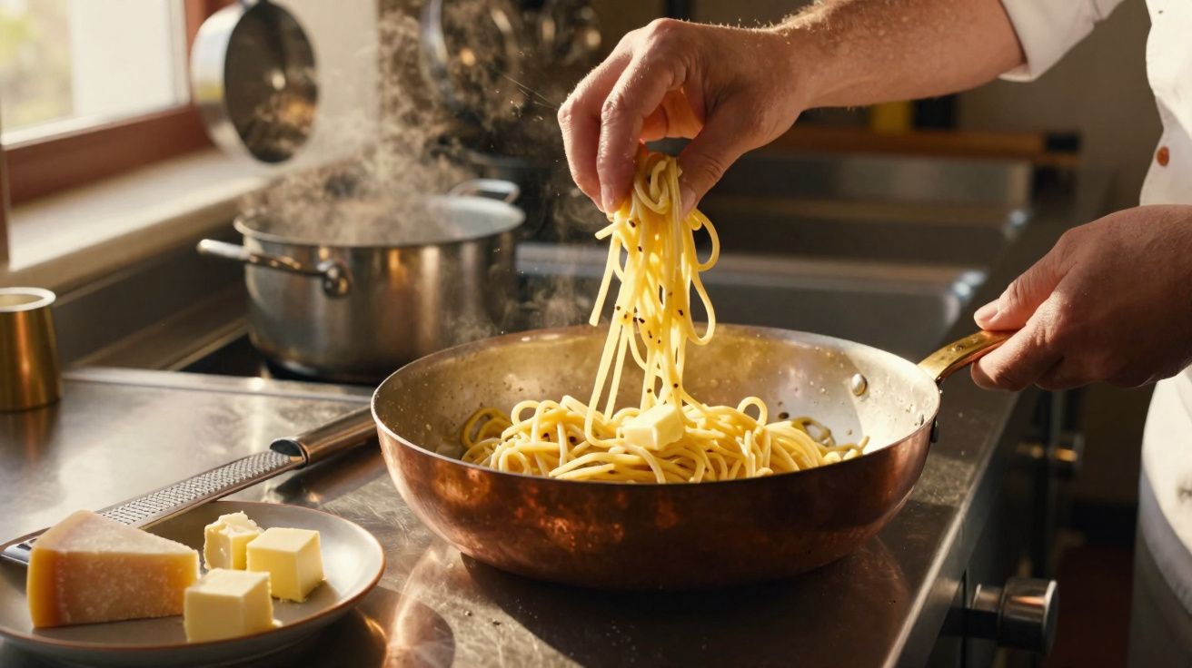 Pessoa preparando macarrão na frigideira com manteiga, queijo e panela fervendo ao fundo na cozinha.