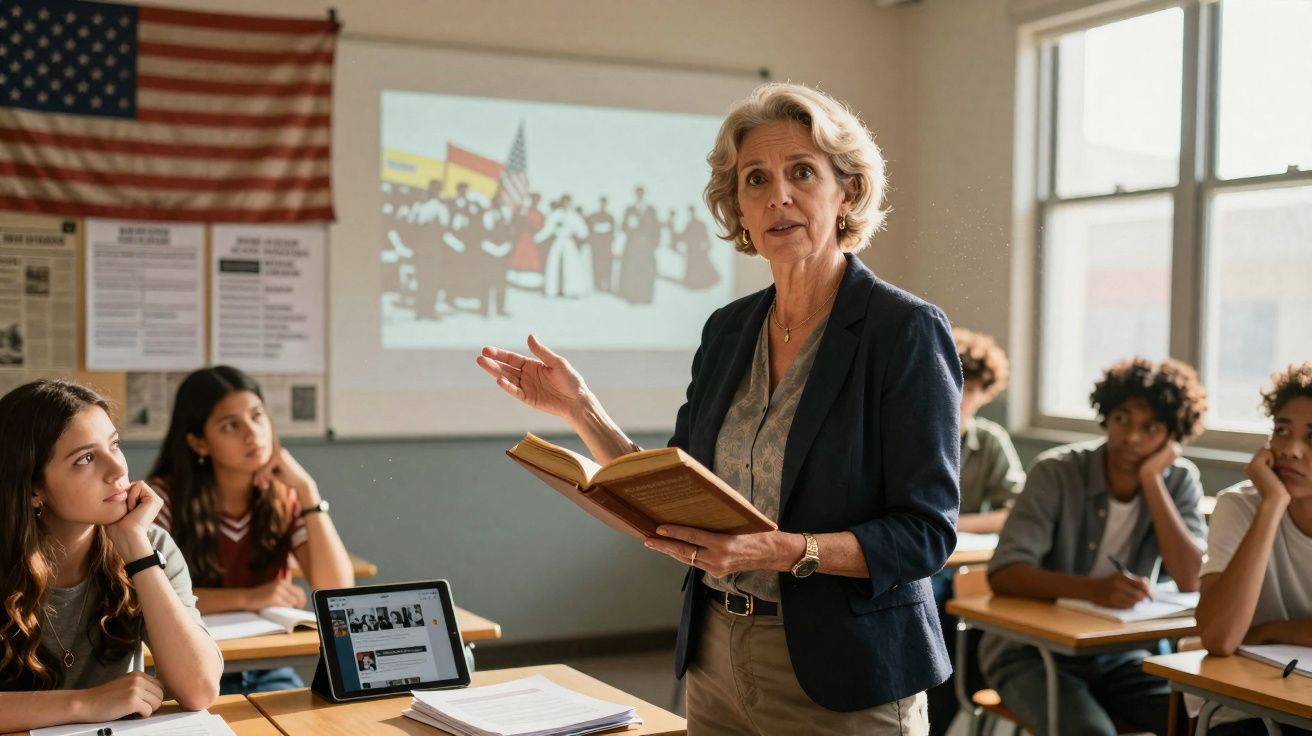 Professora branca com cabelo grisalho ensina história para alunos diversos em sala com bandeira dos EUA.