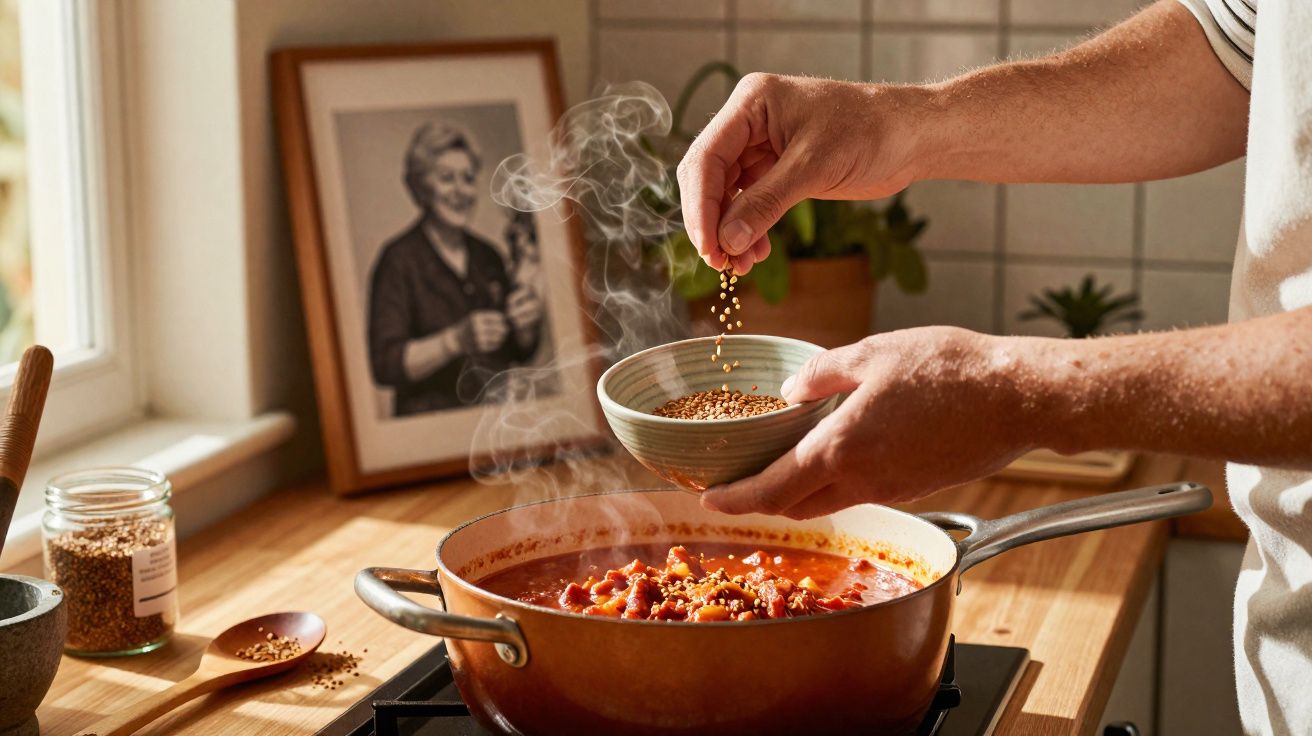 Mãos temperando um molho vermelho fervente com sementes em panela na cozinha iluminada pelo sol.