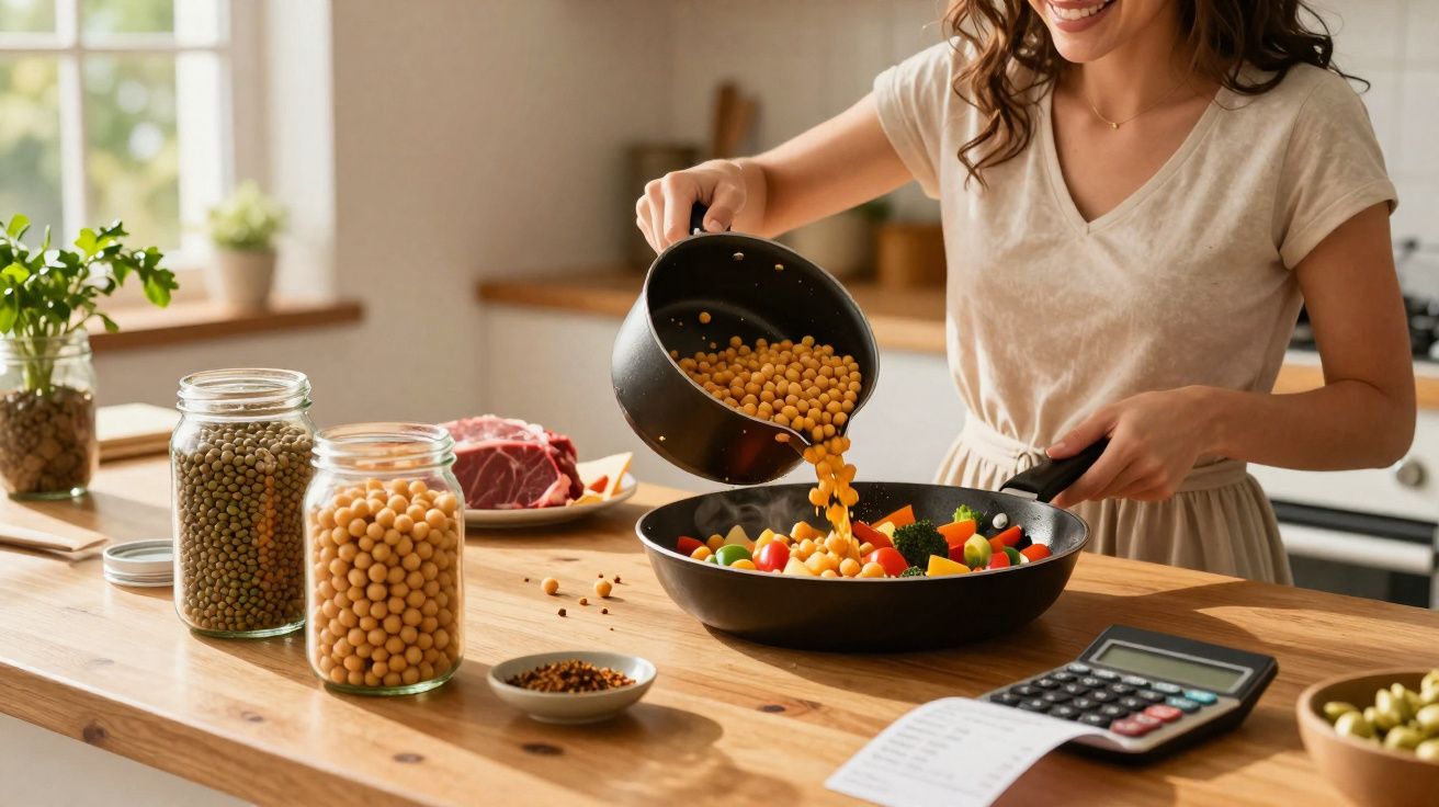 Mulher sorrindo enquanto adiciona grão-de-bico a frigideira com legumes em cozinha iluminada.