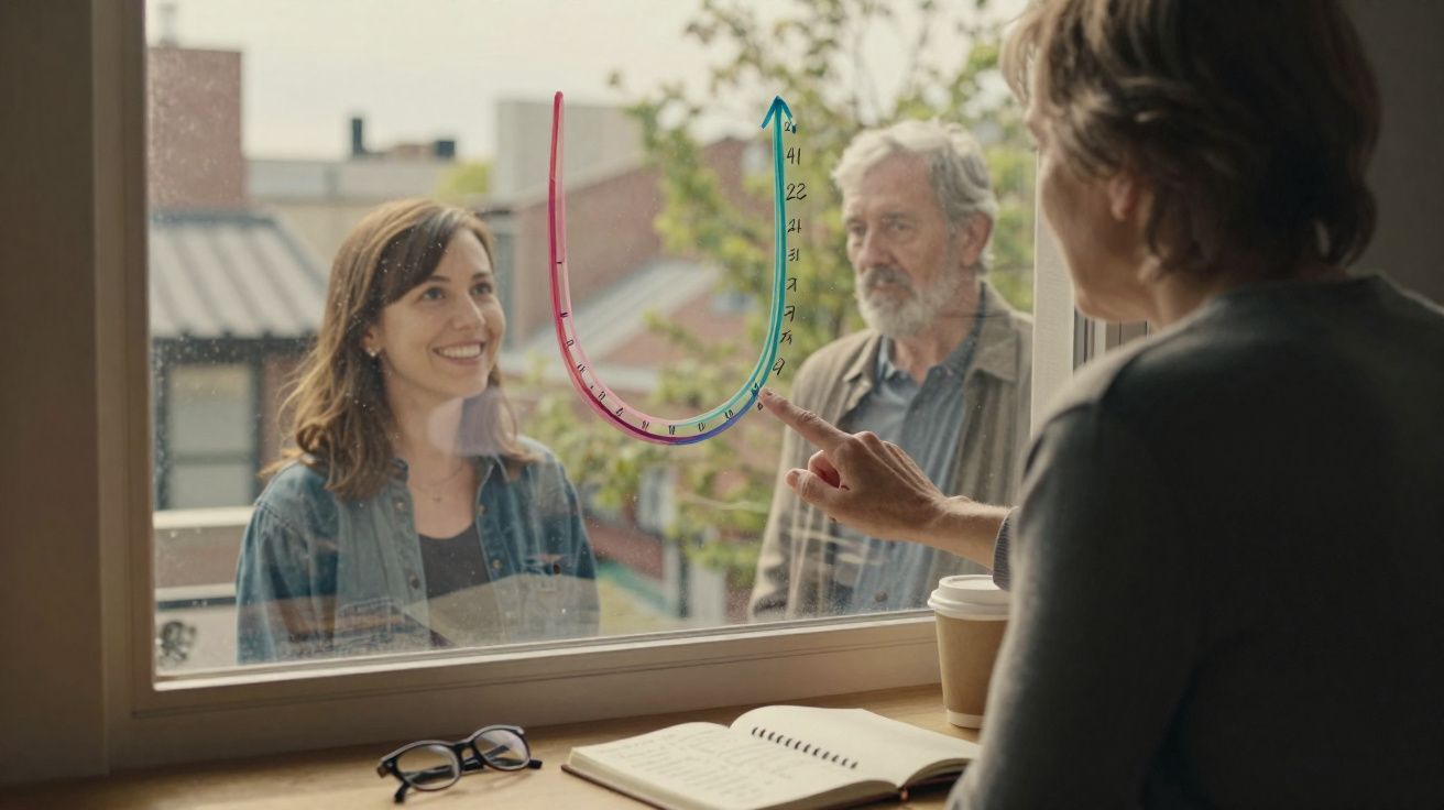 Pessoa desenha curva em vidro enquanto conversa com mulher sorridente e homem ao fundo em ambiente urbano.