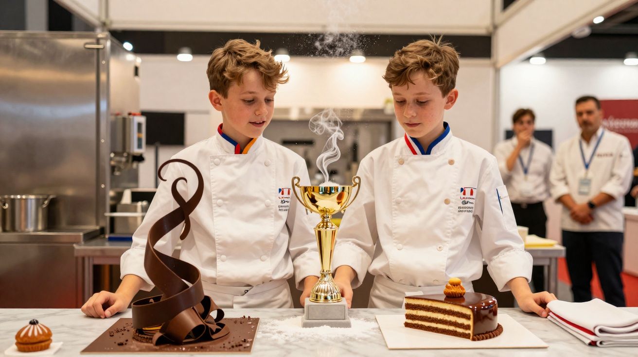 Dois jovens chefs em uniformes brancos observam um troféu fumegante entre sobremesas artísticas em cozinha profissional.