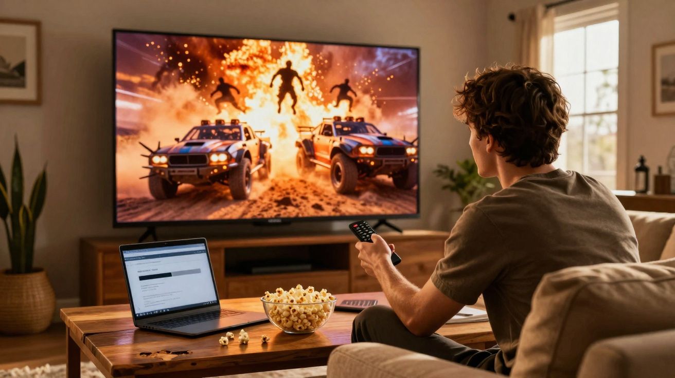Jovem sentado no sofá assistindo filme de ação na TV com notebook e pote de pipoca na mesa à frente.