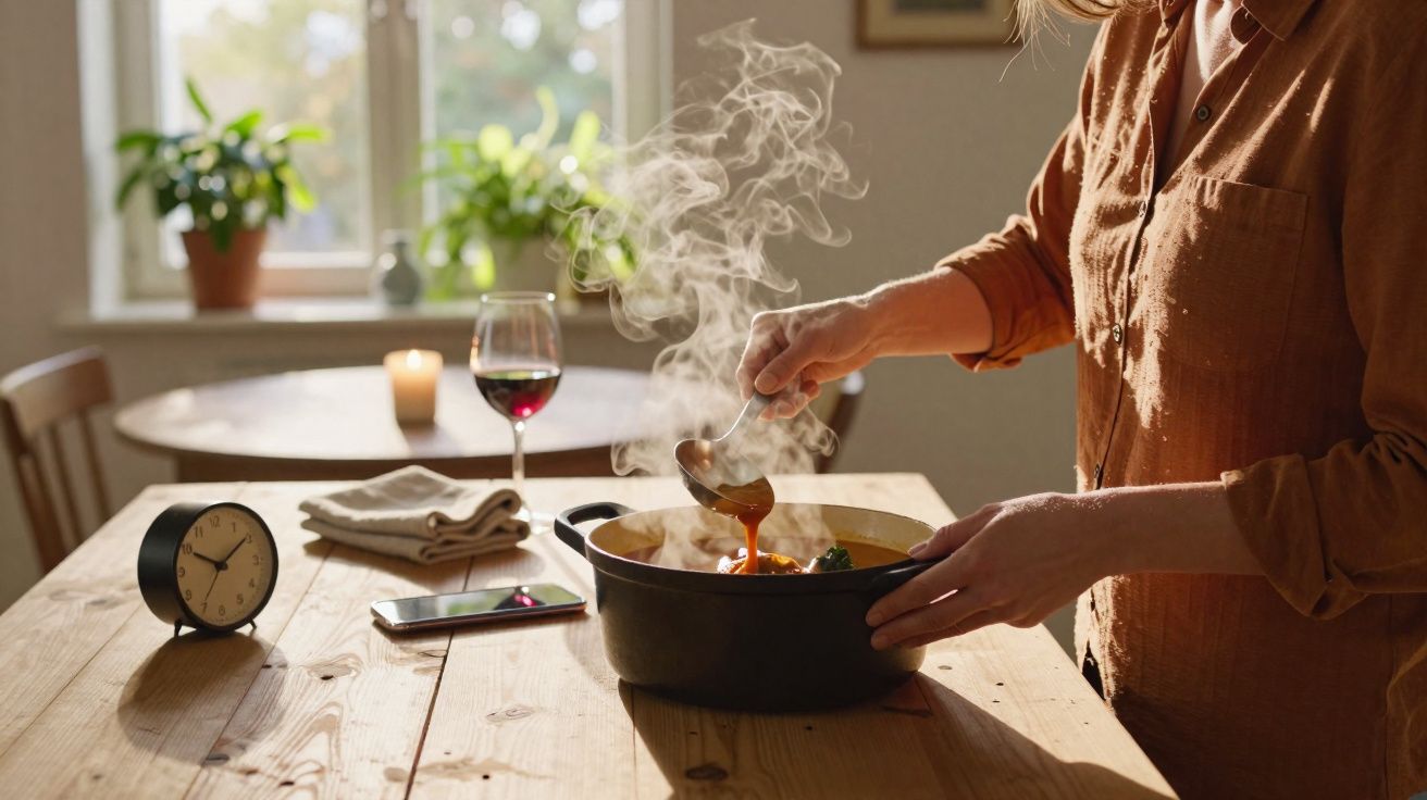 Pessoa servindo sopa quente em panela na mesa de madeira com relógio, celular e taça de vinho ao fundo.