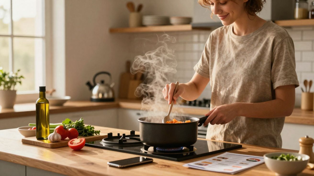 Mulher cozinhando em panela no fogão a gás em cozinha moderna e iluminada pela janela.