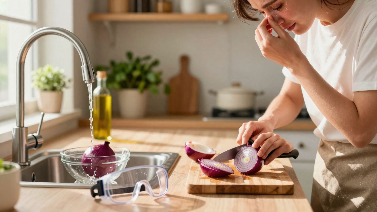 Mulher corta cebola roxa na cozinha enquanto lava os olhos, ao lado de pia com água corrente e óculos de proteção.