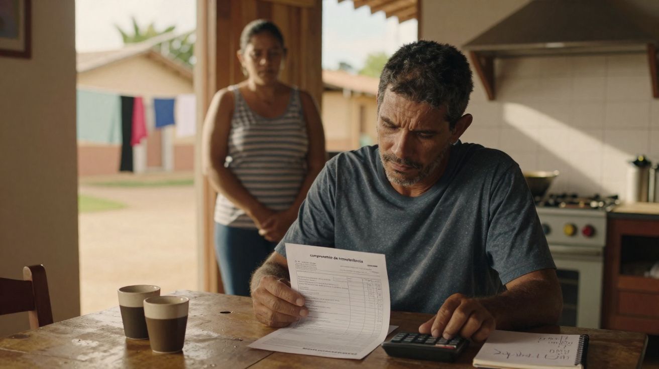 Homem calcula contas sentado à mesa enquanto mulher observa preocupada ao fundo na cozinha.