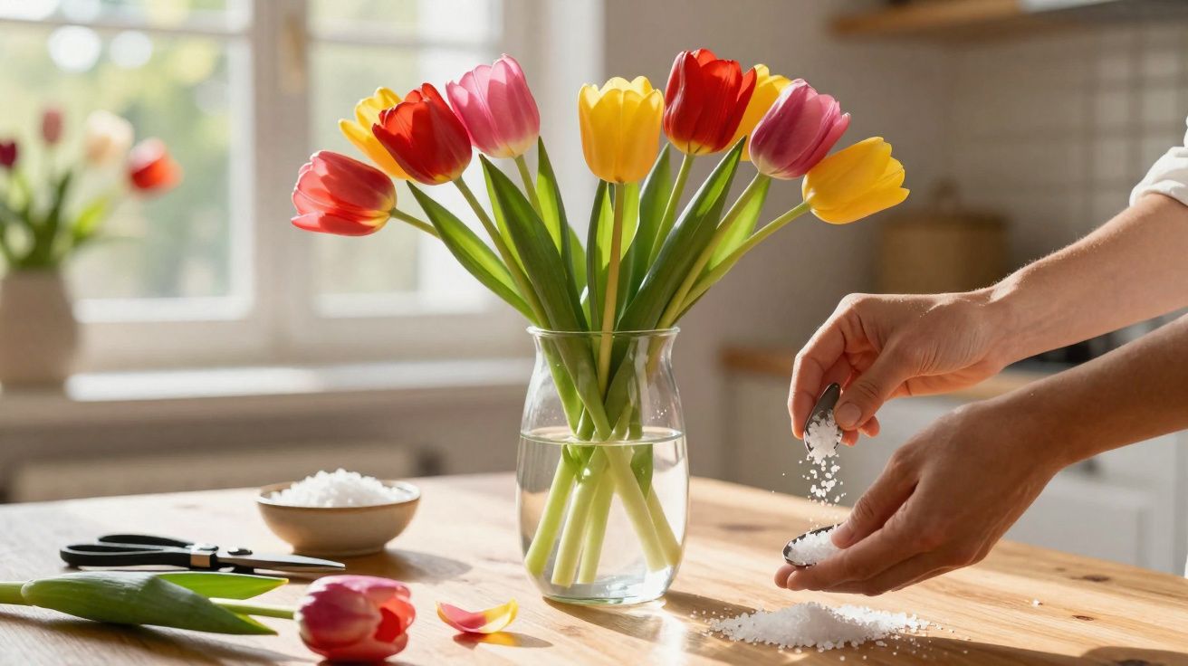 Mãos espalhando sal grosso sobre mesa de madeira ao lado de vaso com tulipas coloridas em ambiente iluminado.