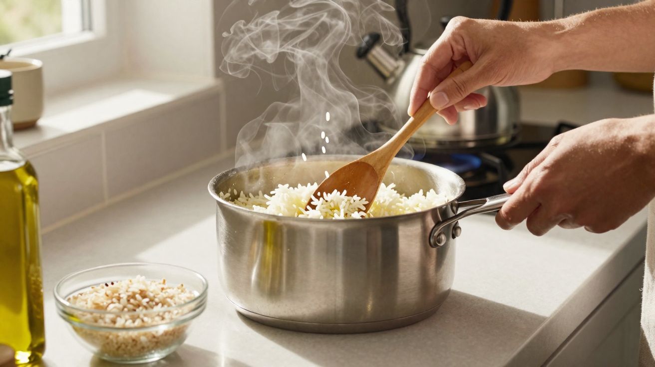 Mãos mexendo arroz fumegante em panela na bancada de cozinha ao lado de pote com tempero.