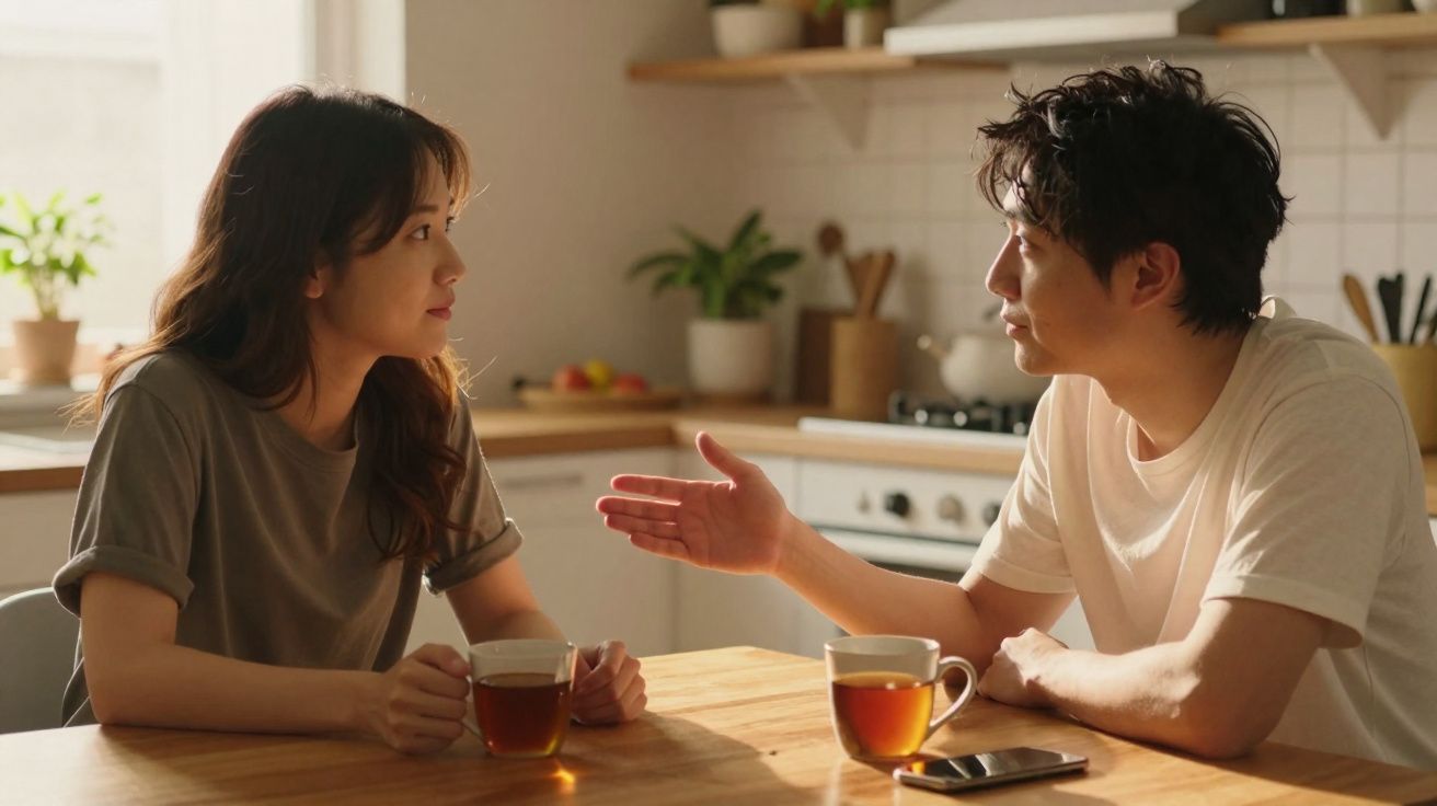 Homem e mulher conversam tomando chá em cozinha iluminada por luz natural.