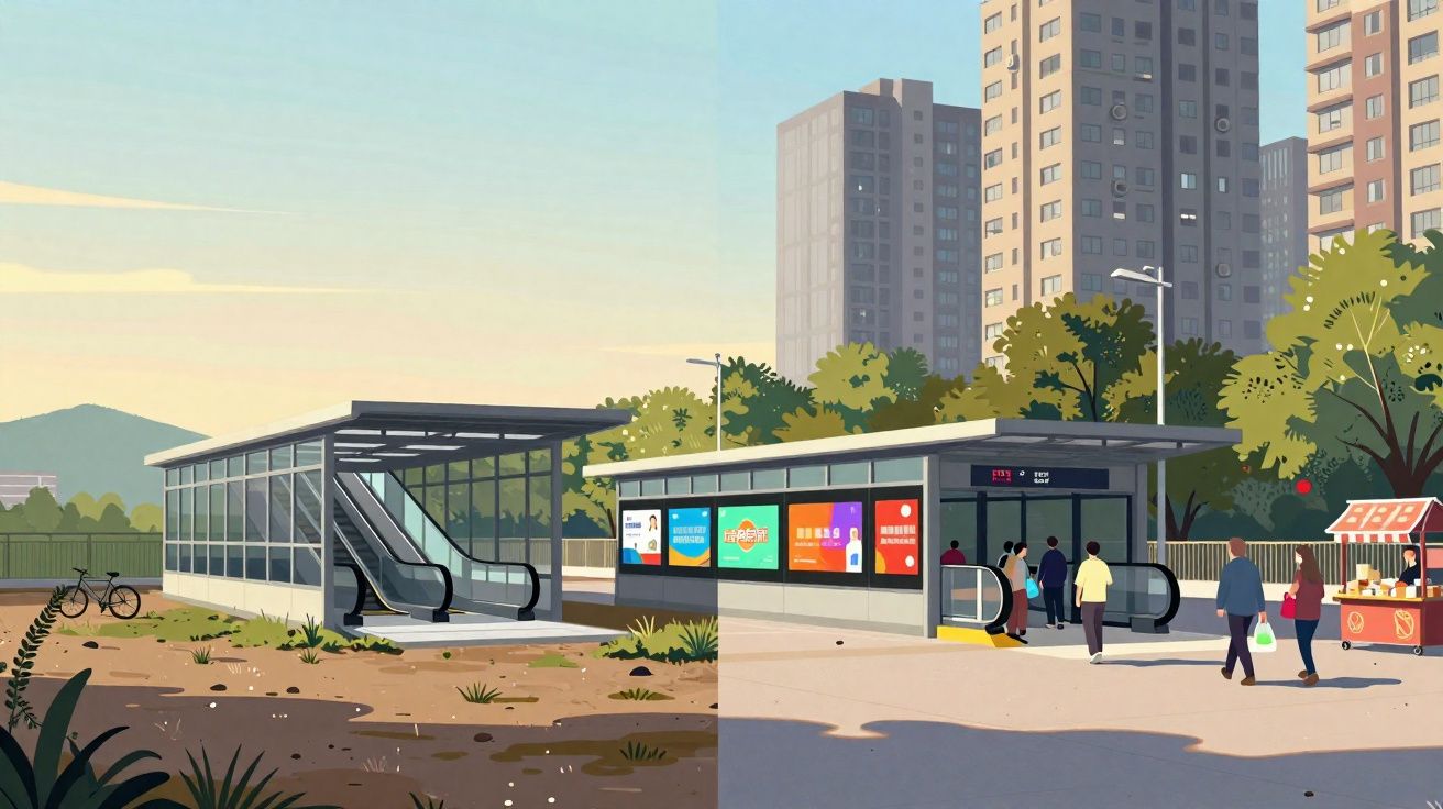 Estação de metrô ao ar livre com escadas rolantes, pessoas caminhando e prédios altos ao fundo.